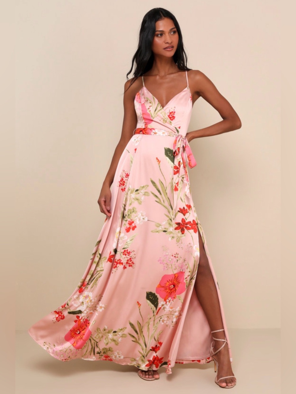 Lulu's Pink Floral Satin Wrap Maxi Dress with Side Slit